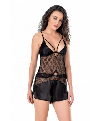 Siyah Saten Babydoll Şort Takımı - SSSSSS2176-8915