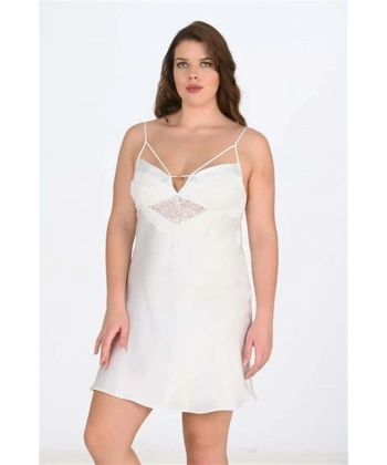Premium Büyük Beden Saten Dantel İşlemeli Ekru Gecelik Bigsize - SSSSSS9498-4137