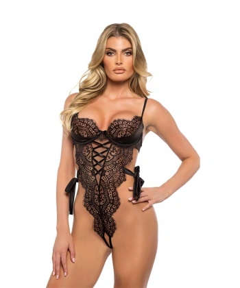Özel Tasarım İp Detaylı Siyah Dantel İşlemeli Transparan Fantezi Body - SSSSSS4042-6098