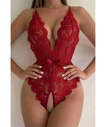 Kırmızı Özel Bölgesi Açık Fiyonklu Dantel Fantezi Body - SSSSSS5664-3609