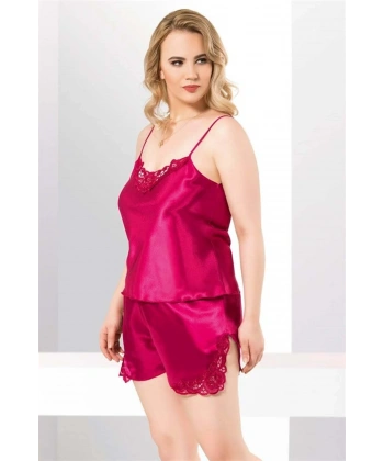 Şık Tasarım Yumuşak Dokulu Büyük Beden Dantel İşlemeli Vişne Saten Babydoll - SSSSSS2042-9