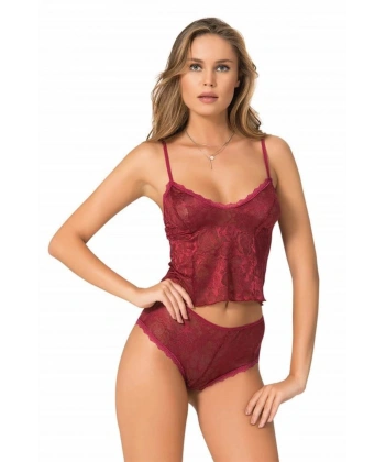 Bordo Jakarlı Babydoll Şort Takımı - SSSSSS5419-5150