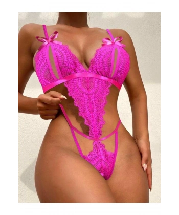 Fiyonklu Dantelli Fuşya Fantezi Body - SSSSSS3986-3417