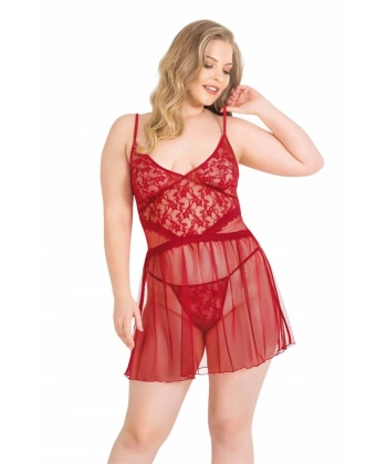Büyük Beden Kırmızı Kısa Tül Gecelik - SSSSSS5540-4199