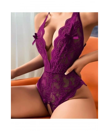 Mor Özel Bölgesi Açık Dantel İşlemeli Fantezi Body - SSSSSS7077-4449