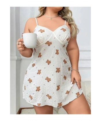 Büyük Beden Ayıcık Desenli İnce Askılı Mini Gecelik - SSSSSS6523-6193
