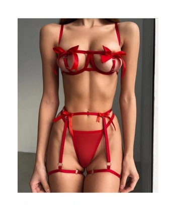 Özel Tasarım Kırmızı Kurdela Detaylı Jartiyerli Fantezi Sütyen String Takım? - SSSSSS4466-5