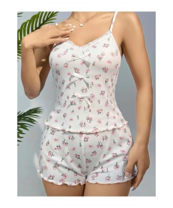 Pamuklu Beyaz Üstüne Çiçek Desen Fitilli Askılı Şortlu Pijama Takımı - SSSSSS3216-7100