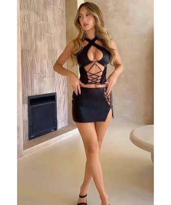 Siyah Dekolteli Fantezi Parlak Deri Elbise - SSSSSS2184-6612
