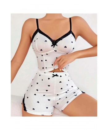 Pamuklu Beyaz Üstüne Siyah Kalp Desen Fitilli Askılı Şortlu Pijama Takımı - SSSSSS6177-6654