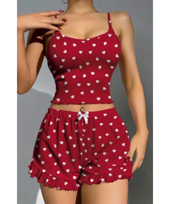Pamuklu Kırmızı Üstüne Beyaz Kalp Desen Fitilli Askılı Şortlu Pijama Takım? - SSSSSS2807-8