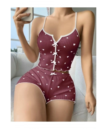 Pamuklu Kahverengi Üstüne Beyaz Kalp Desen Fitilli Askılı Şortlu Pijama Takım? - SSSSSS5350-2