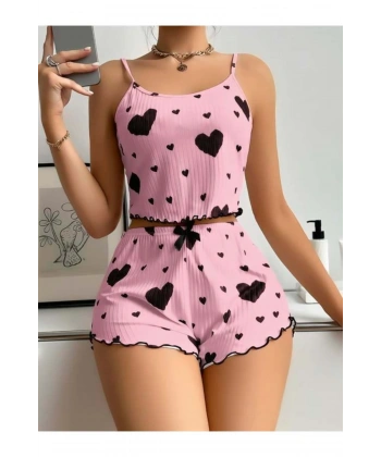 Pamuklu Pembe Üstüne Siyah Kalp Desenli Askılı Fitilli Şortlu Pijama Takımı - SSSSSS6962-181