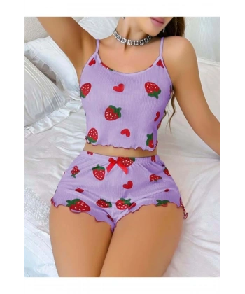 Pamuklu Lila Üstüne Çilek Desen Fitilli Askılı Şortlu Pijama Takımı - SSSSSS5463-8335