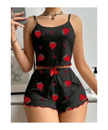 Pamuklu Siyah Üstüne Çilek Desen Fitilli Askılı Şortlu Pijama Takımı - SSSSSS6359-9212