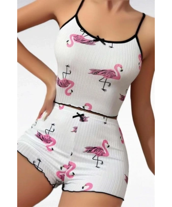 Pamuklu Beyaz Üstüne Pelikan Desen Fitilli Askılı Şortlu Pijama Takımı - SSSSSS5098-4897