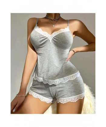 Pamuklu Dantel İşlemeli Gri Askılı Şortlu Pijama Takımı - SSSSSS1836-9806