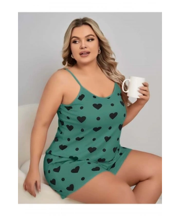 Büyük Beden Yeşil Kalp Desen Pamuklu Şortlu Pijama Takımı - SSSSSS9904-3959