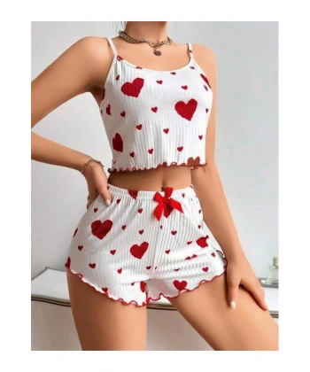 Pamuklu Beyaz Üstüne Kırmızı Kalp Desenli Askılı Şortlu Pijama Takımı - SSSSSS6052-9792