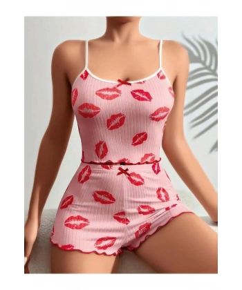 Pamuklu Kiss Öpücük Desen Pembe Şortlu Pijama Takımı - SSSSSS2796-6258