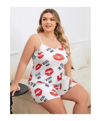Büyük Beden Kiss Me Öpücük Desen Pamuklu Şortlu Pijama Takımı - SSSSSS9470-8843