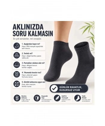 Erkek Kısa Konç 12’li Bambu Çorap 39-44 Dikişsiz Burun Nefes Alan Yumuşak Günlük Patik Çorap