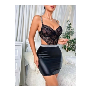 Siyah Dantelli Dekolteli Mini Fantezi Parlak Deri Gecelik - SSSSSS4686-6956