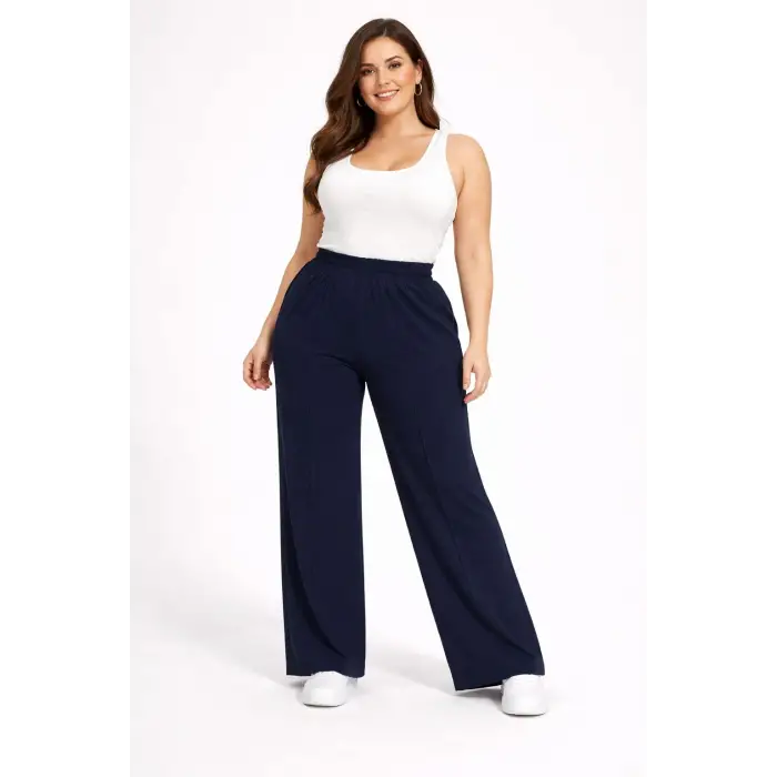 Kadın Battal Kalıp Lacivert Kumaş Pantolon -(KP01-02)