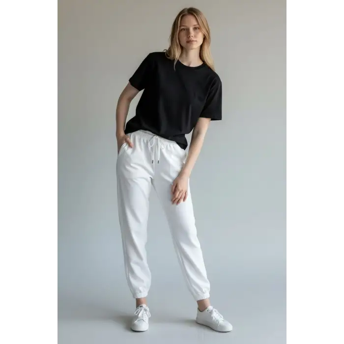 Beyaz Kadın Modal Kumaş Eşofman Altı-(ME01-02)