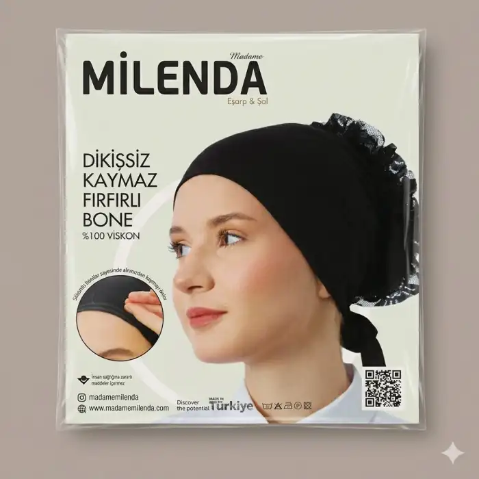 Milenda Kaymaz Viskon Dikişsiz Fırfırlı Bone-(SİYAH)-(FB02-01)