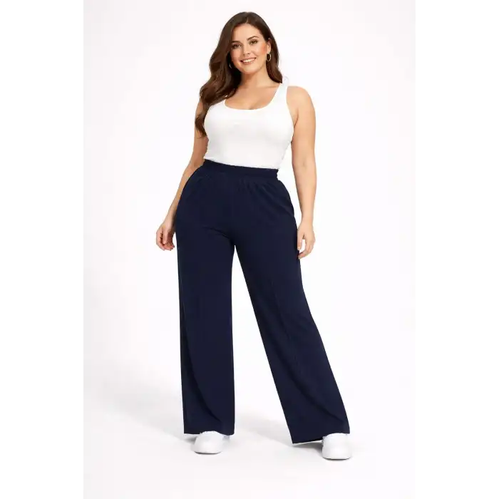 Kadın Battal Kalıp Lacivert Kumaş Pantolon -(KP01-02)