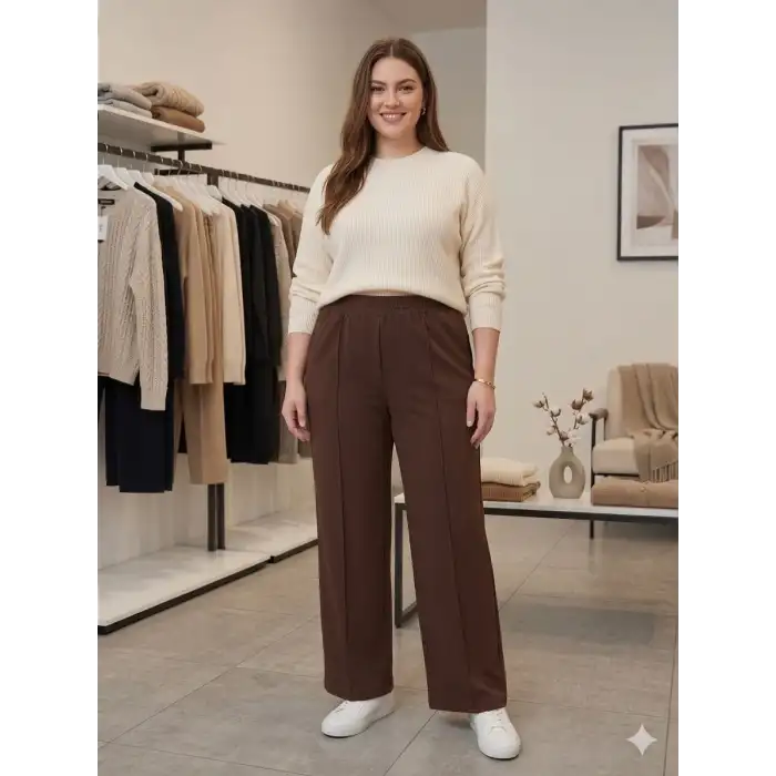Kadın Battal Kalıp Kahve Kumaş Pantolon -(KP01-03)