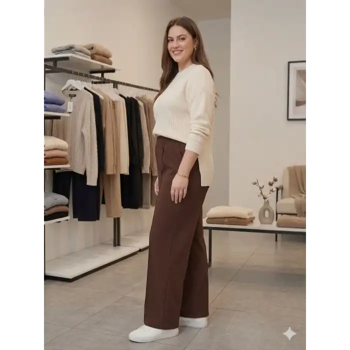 Kadın Battal Kalıp Kahve Kumaş Pantolon -(KP01-03)