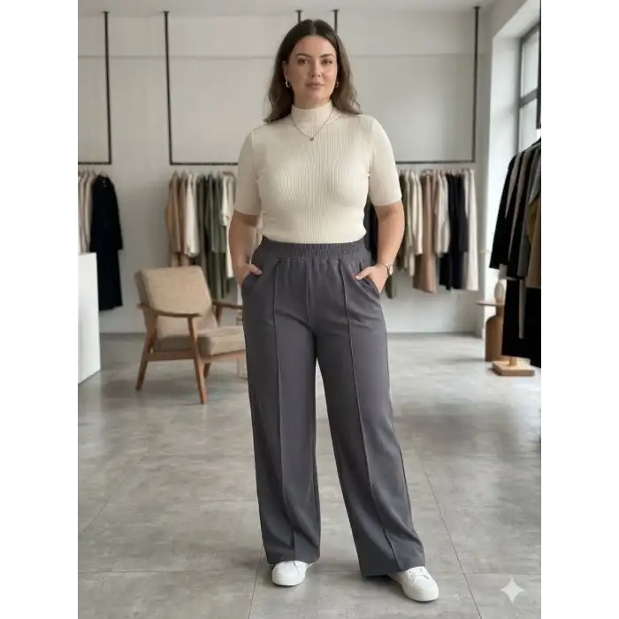 Kadın Battal Kalıp Gri Kumaş Pantolon -(KP01-04)