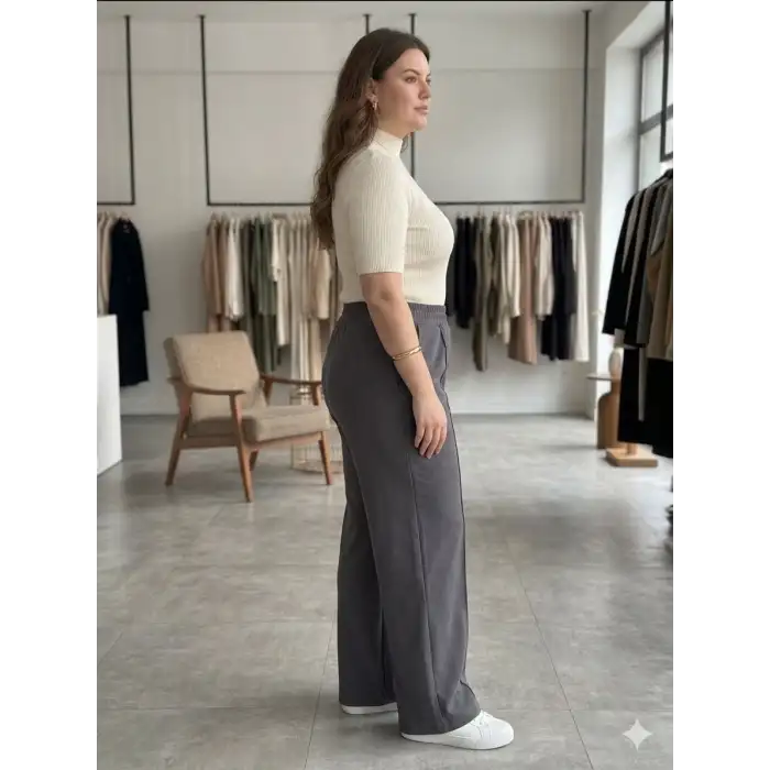 Kadın Battal Kalıp Gri Kumaş Pantolon -(KP01-04)