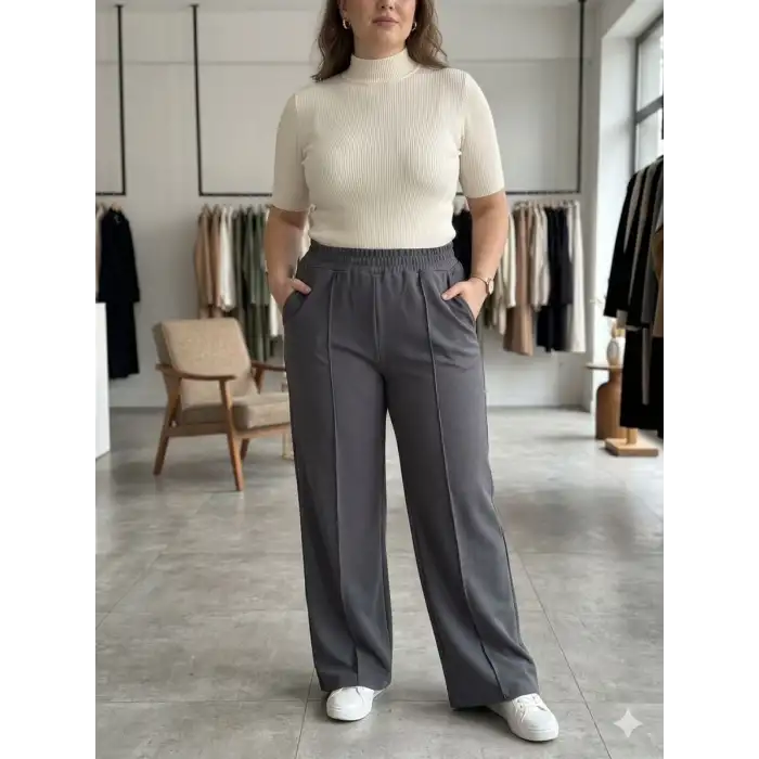 Kadın Battal Kalıp Gri Kumaş Pantolon -(KP01-04)