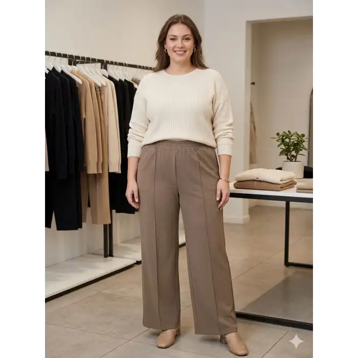 Kadın Battal Kalıp Bej Kumaş Pantolon -(KP01-05)