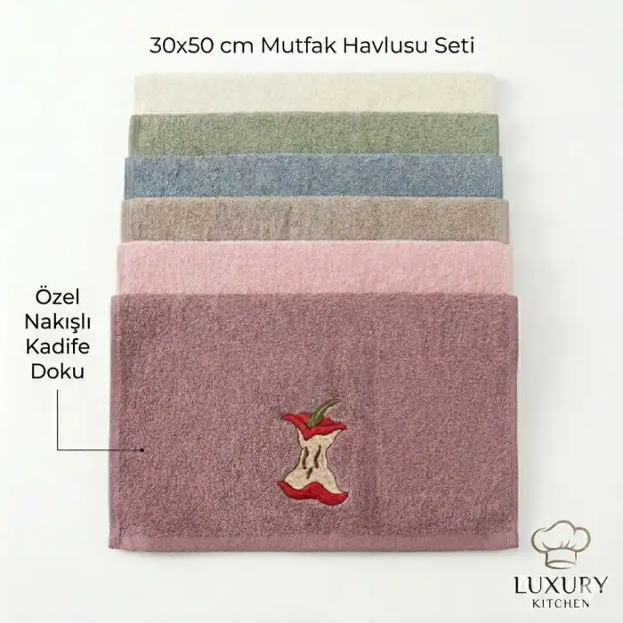 Durul 30x50 cm Nakışlı Kadife Mutfak Havlusu (12 ADET) -durul01