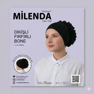 Milenda Viskon Siyah Dikişli Fırfırlı Bone-(FB01-01)