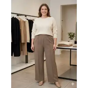 Kadın Battal Kalıp Bej Kumaş Pantolon -(KP01-05)