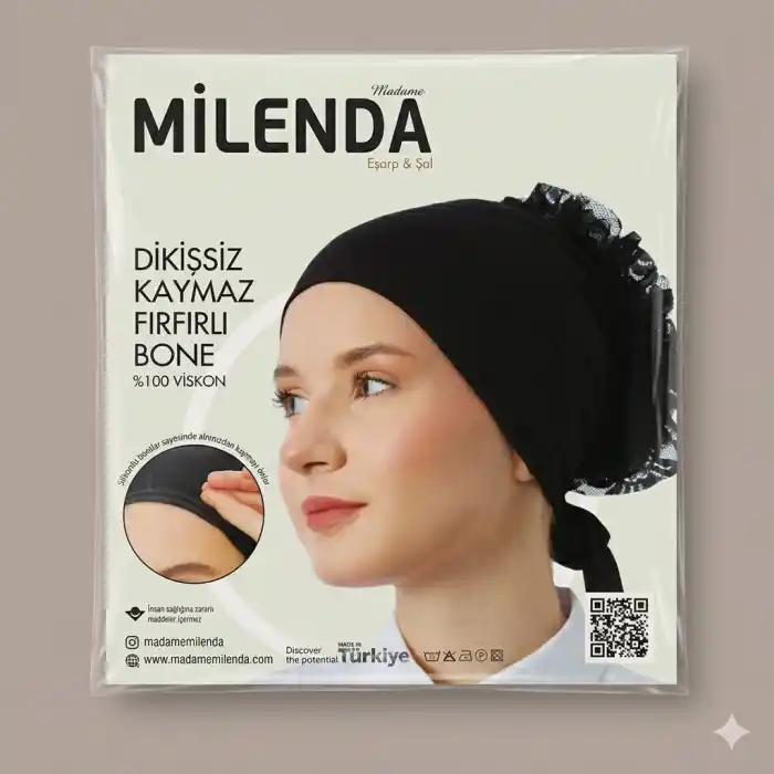 Milenda Kaymaz Viskon Dikişsiz Fırfırlı Bone-(SİYAH)-(FB02-01)