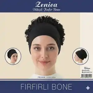 Zenica Dikişli Penye Dantel Fırfırlı Bone-(SİYAH) (FB06-01)