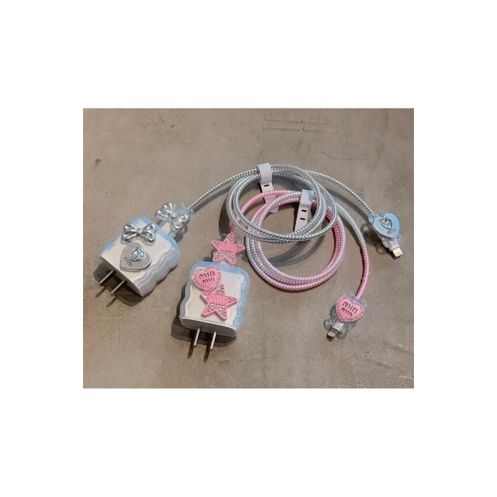 Apple Watch Uyumlu Şeffaf Yıldız Desenli Kablo Koruyucu Set