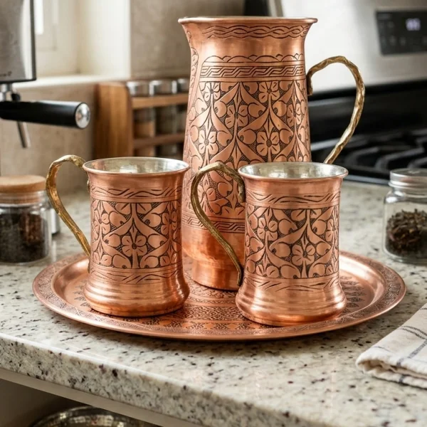 Bakır Sürahi Seti İşlemeli Model 1