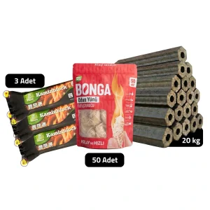 Şömine ve Ateş Çukuru Keyif Paketi - Briket Odun 20kg | Tutuşturucu 50 Adet | Kaminblock 3 Adet