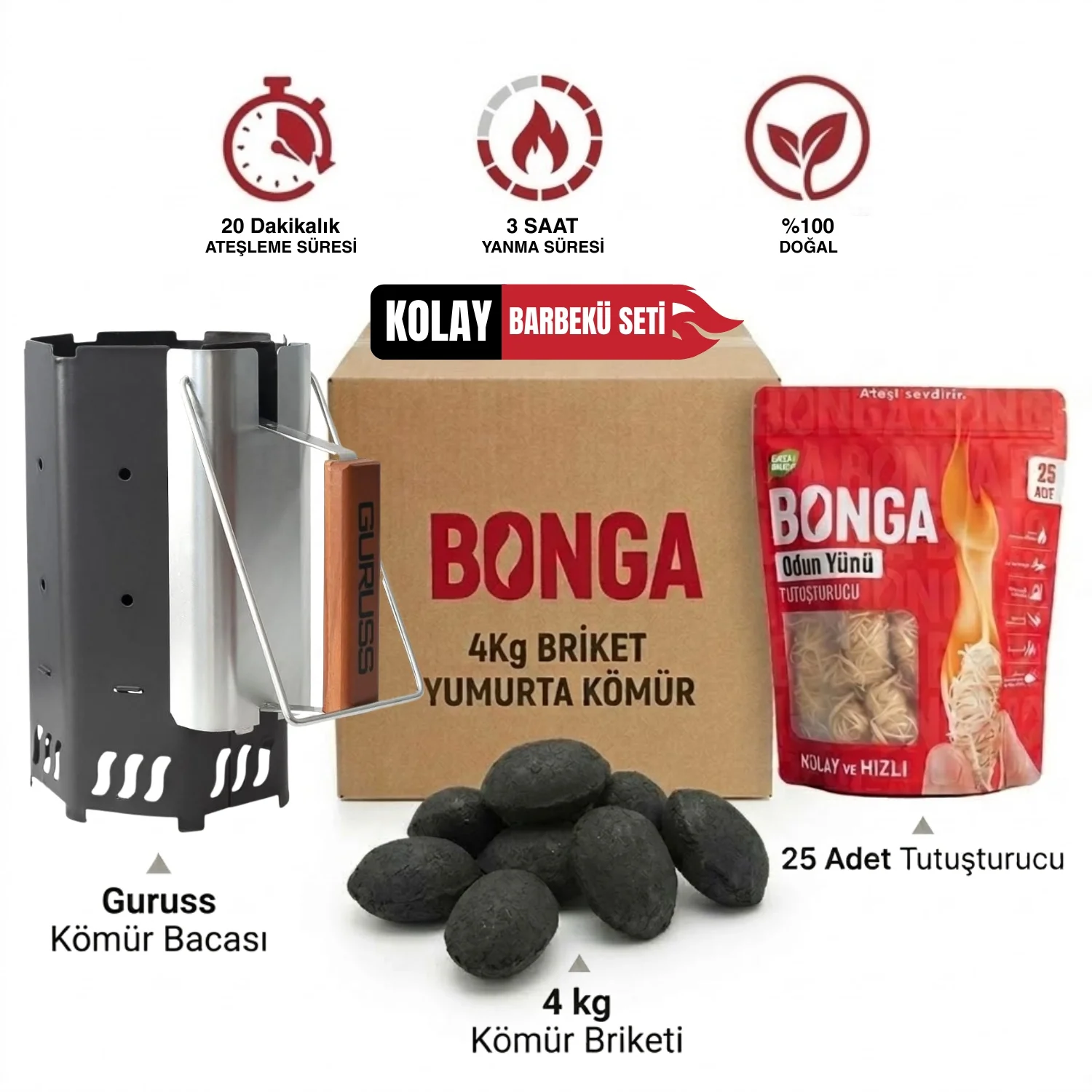 Briket Yumurta Kömür 4 kg - 25 Adet Tutuşturucu - Guruss Tutuşturma Bacası | Kolay Barbekü Seti