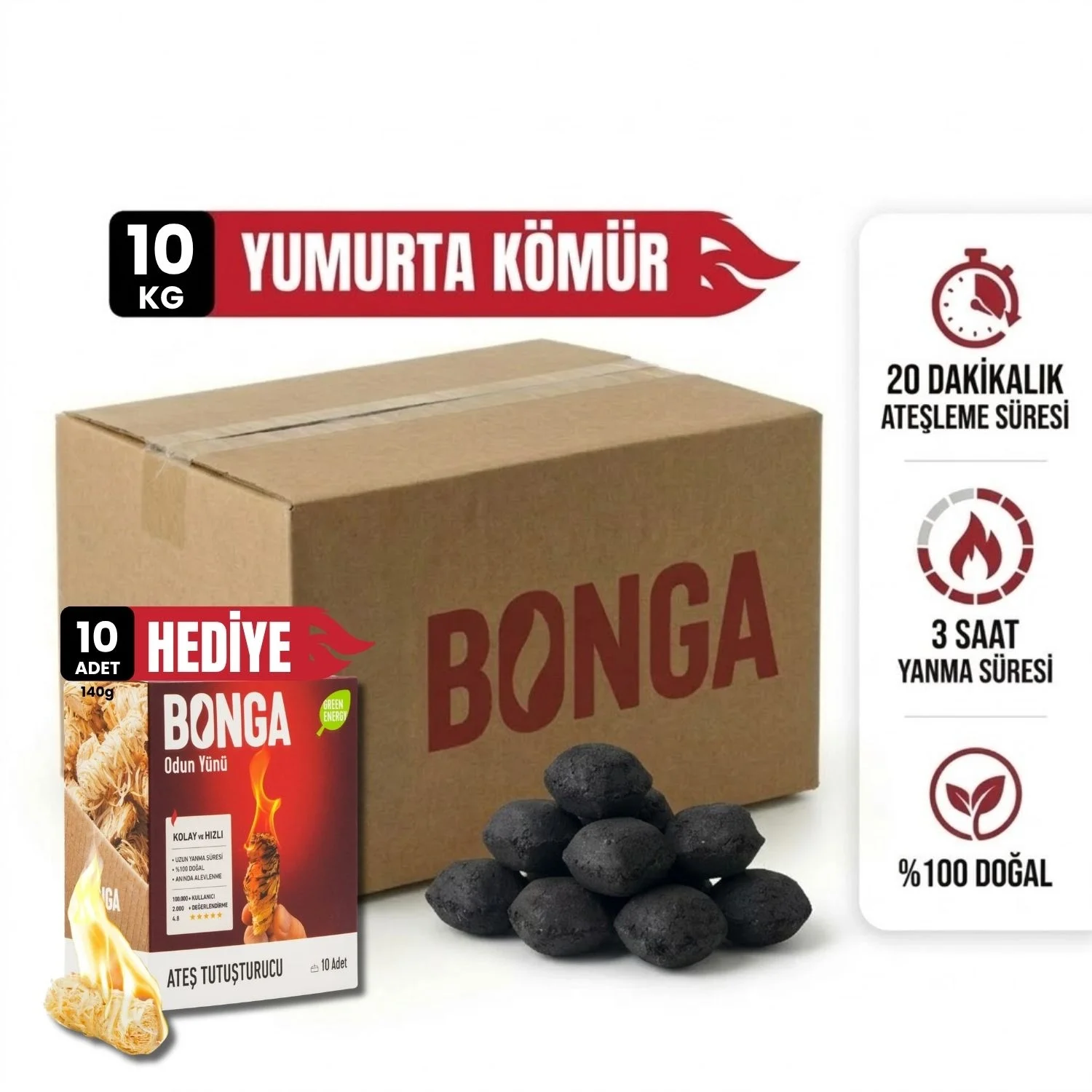 Briket Yumurta Kömür - 10 kg + Hediye 10 Adet Kömür Tutuşturucu