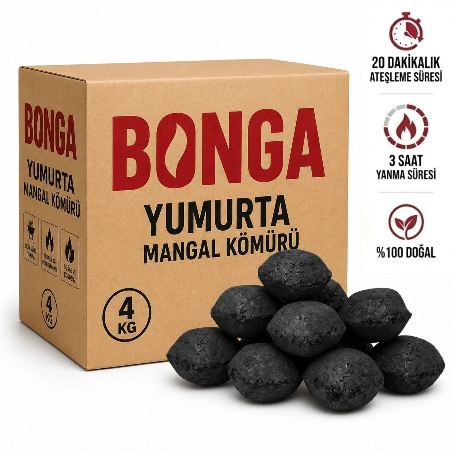 Briket Yumurta Kömür - 4 kg Sıkıştırılmış %100 Doğal Barbekü Mangal Kömürü