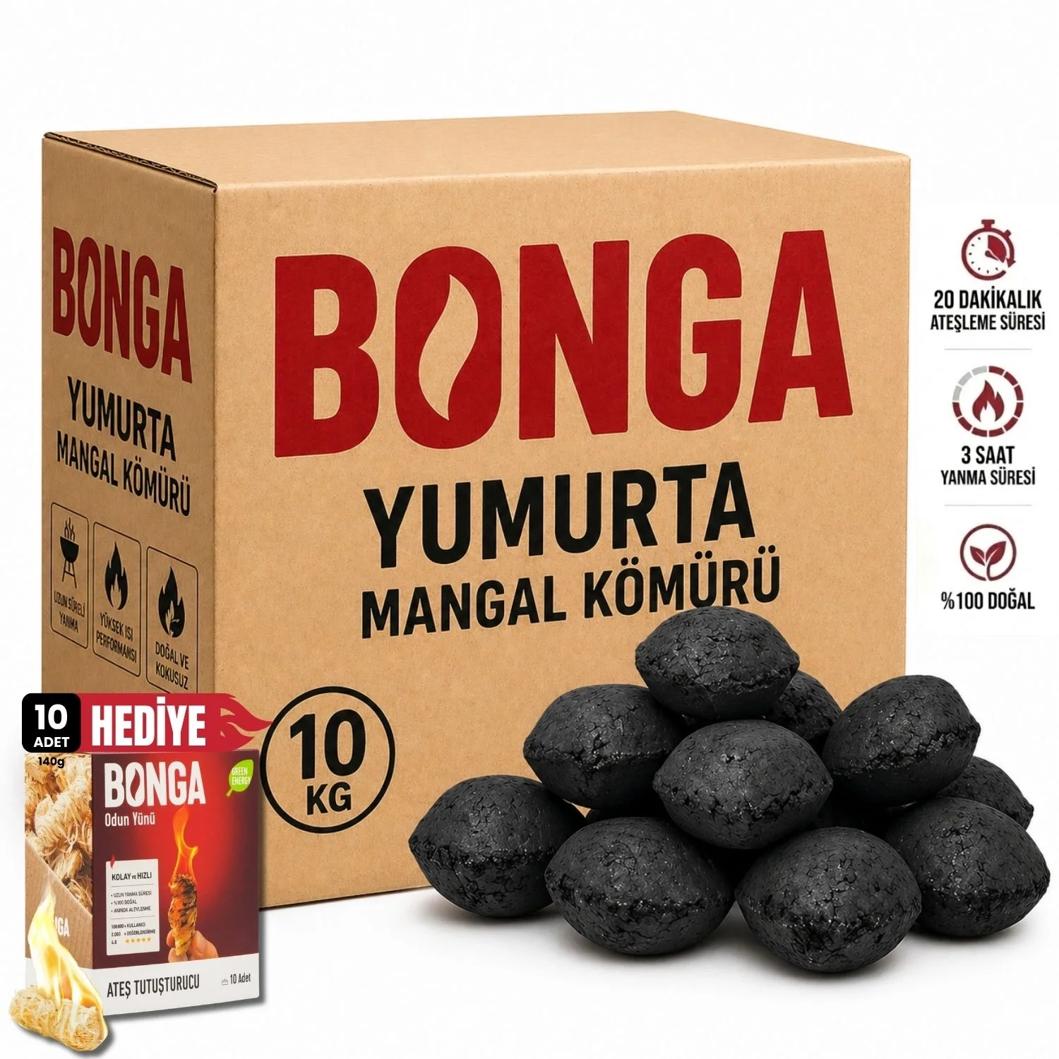 Briket Yumurta Kömür - 10 kg + Hediye 10 Adet Kömür Tutuşturucu