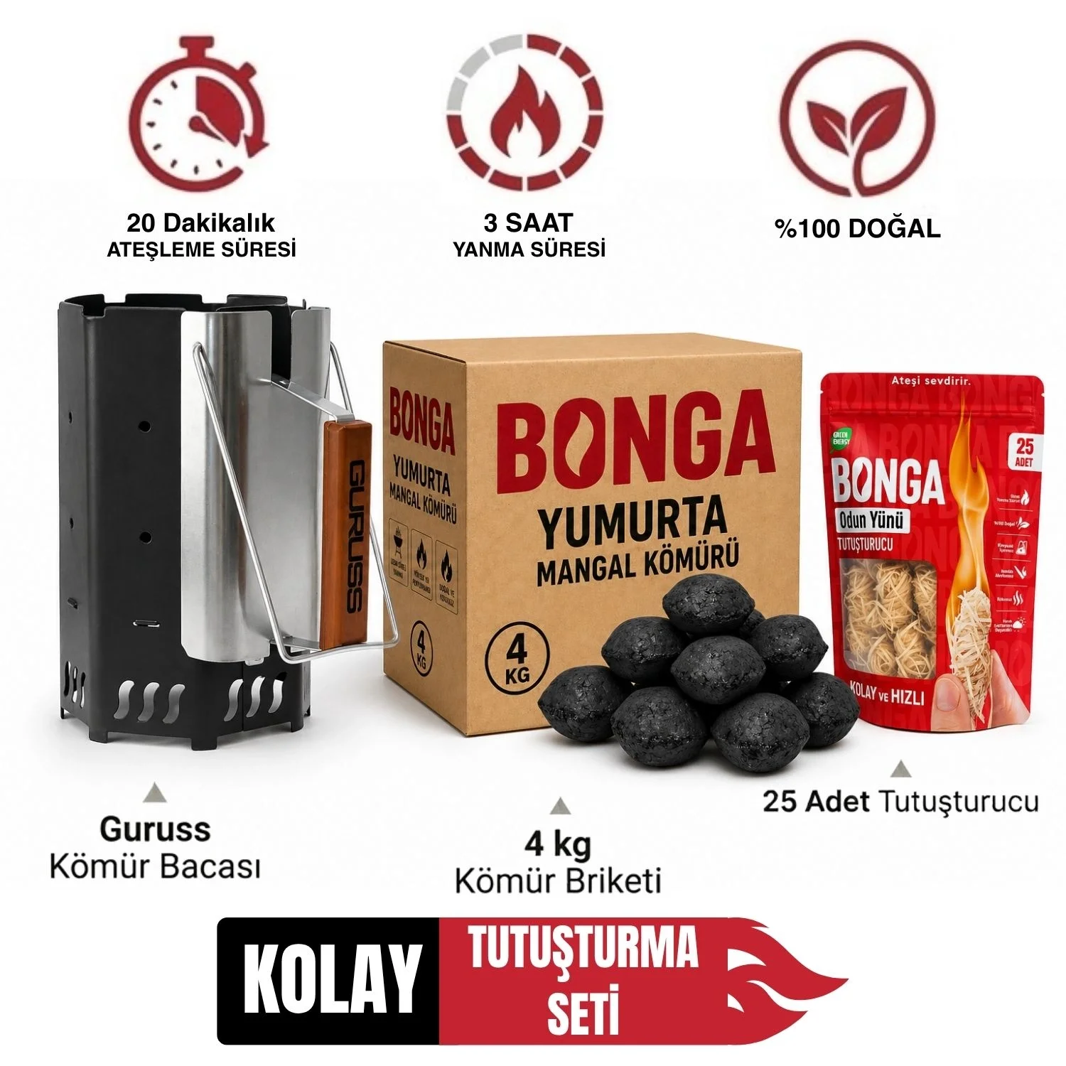 Briket Yumurta Kömür 4 kg - 25 Adet Tutuşturucu - Guruss Tutuşturma Bacası | Kömür Tutuşturucu Baca Seti